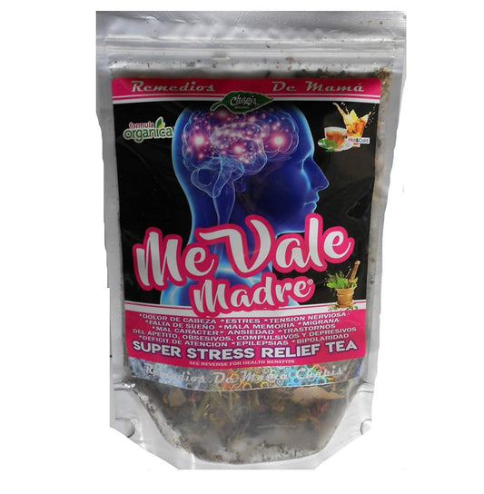 Me Vale Madre Té de alivio del estrés. Peso neto: 3.49 oz.